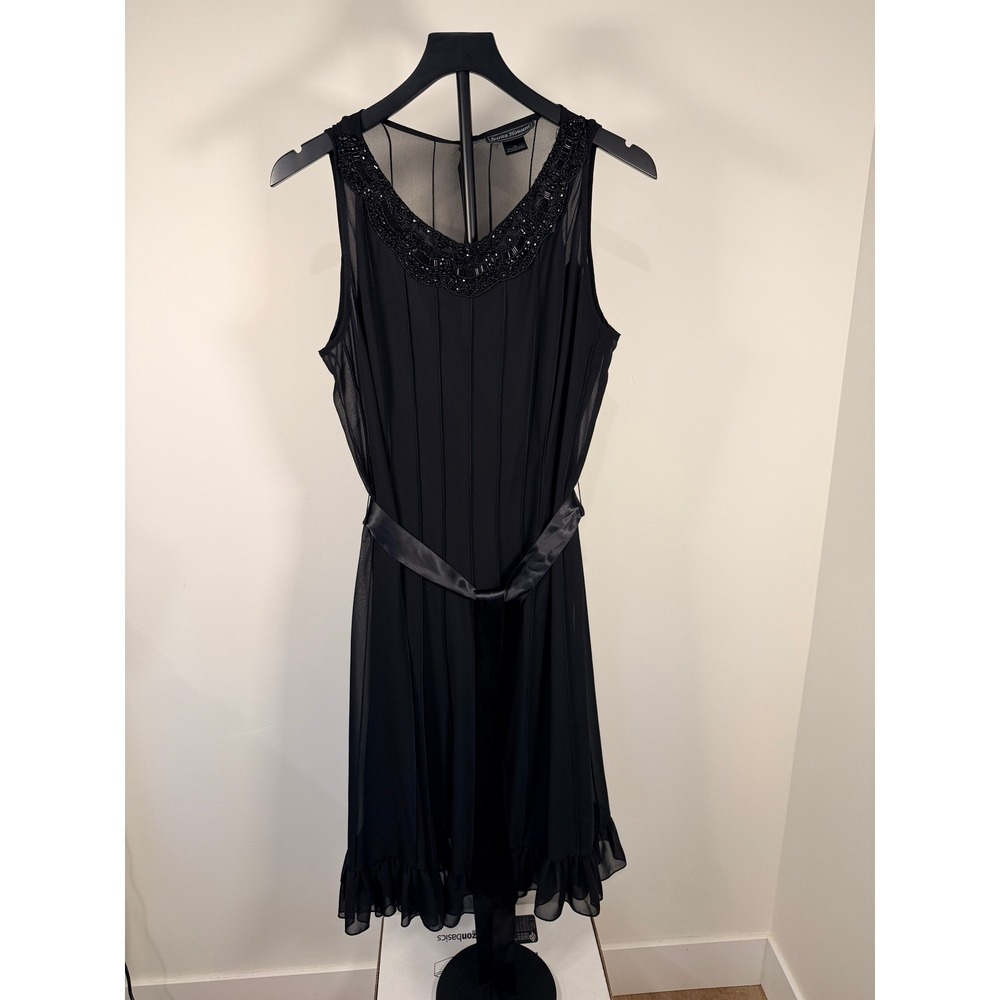Jessica Howard Black Beaded Neck Pintuck Ruffle Hem Cocktail Dress Size 14